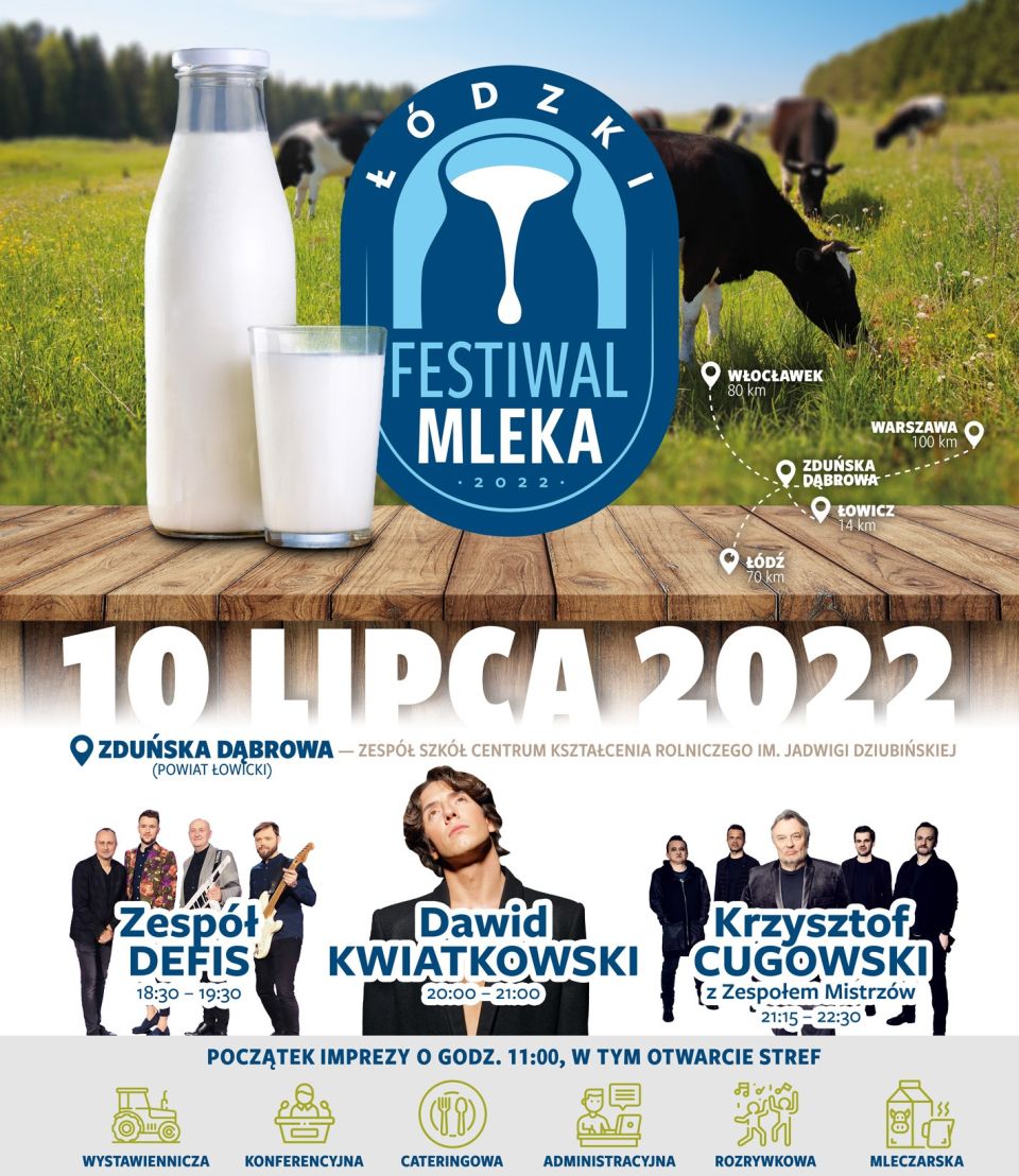 Na zdjęciu: plakat informujący o Festiwalu mleka, który odbędzie się 10 lipca 2022 roku od godziny 11.00, w Zduńskiej Dąbrowie