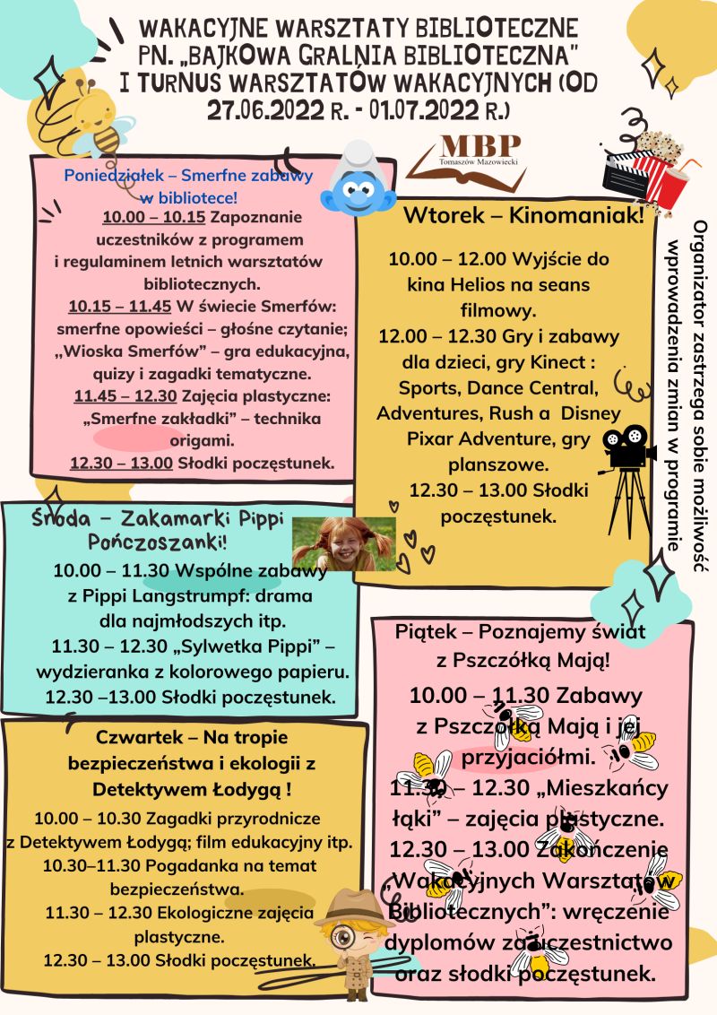Na zdjęciu: plakat informujący o zajęciach w letnich warsztatach pod nazwą: „Bajkowa gralnia biblioteczna”, które organizuje w wakacje w 2022 roku Oddział dla Dzieci i Młodzieży Miejskiej Biblioteki Publicznej w Tomaszowie Mazowieckim
