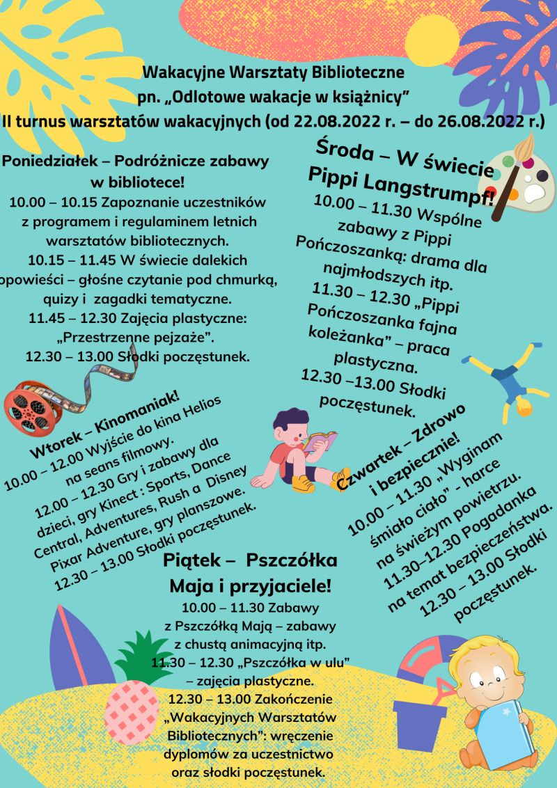 Na zdjęciu: plakat informujący o zajęciach w letnich warsztatach pod nazwą: „Bajkowa gralnia biblioteczna”, które organizuje w wakacje w 2022 roku Oddział dla Dzieci i Młodzieży Miejskiej Biblioteki Publicznej w Tomaszowie Mazowieckim