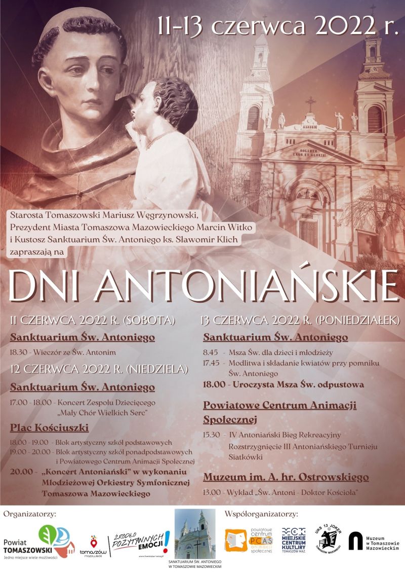 Na zdjęciu: plakat zapraszający na Dni Antoniańskie, które odbędą się w Tomaszowie Mazowieckim w dniach 11-13 czerwca 2022 roku