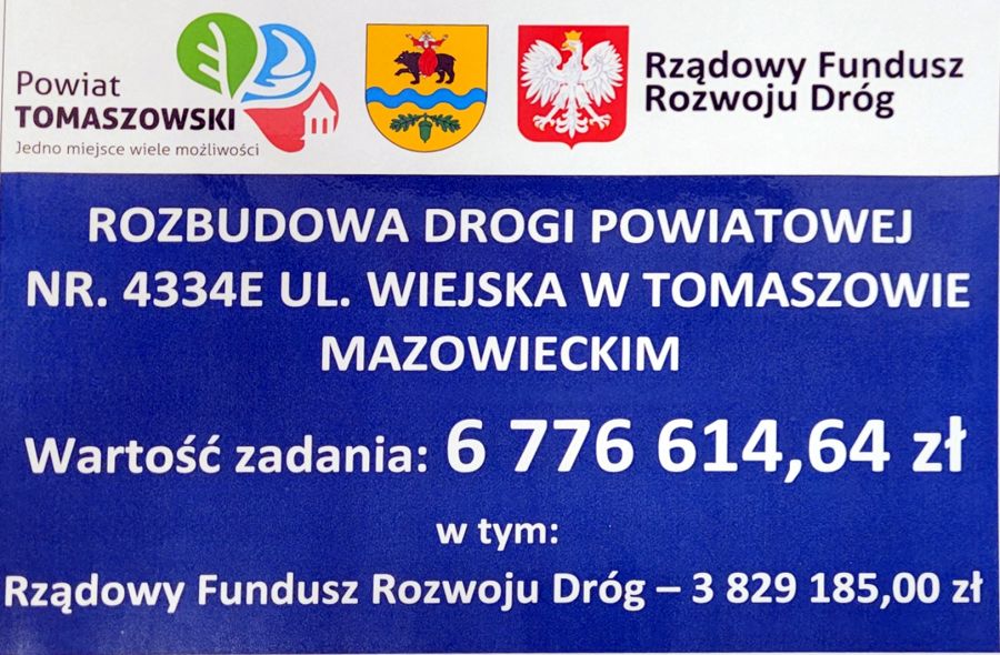 Na zdjęciu: baner informujący o rozbudowie ulicy Wiejskiej w Tomaszowie Mazowieckim. Wartość zadania to 6 776 614,64złotych, w tym dofinansowanie z Rządowego Funduszu Rozwoju Dróg 3 829 185 złotych