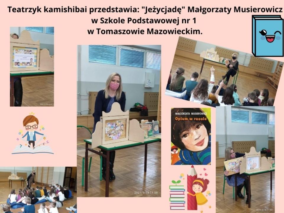 Zdjęcie przestawiające bibliotekarki z MBP, które czytają uczniom ze Szkoły Podstawowej nr 1 w Tomaszowie Mazowieckim „Jeżycjadę” Małgorzaty Musierowicz oraz prezentują ciekawostki  z tej serii w formie kart narracyjnych do teatrzyku kamishibai.