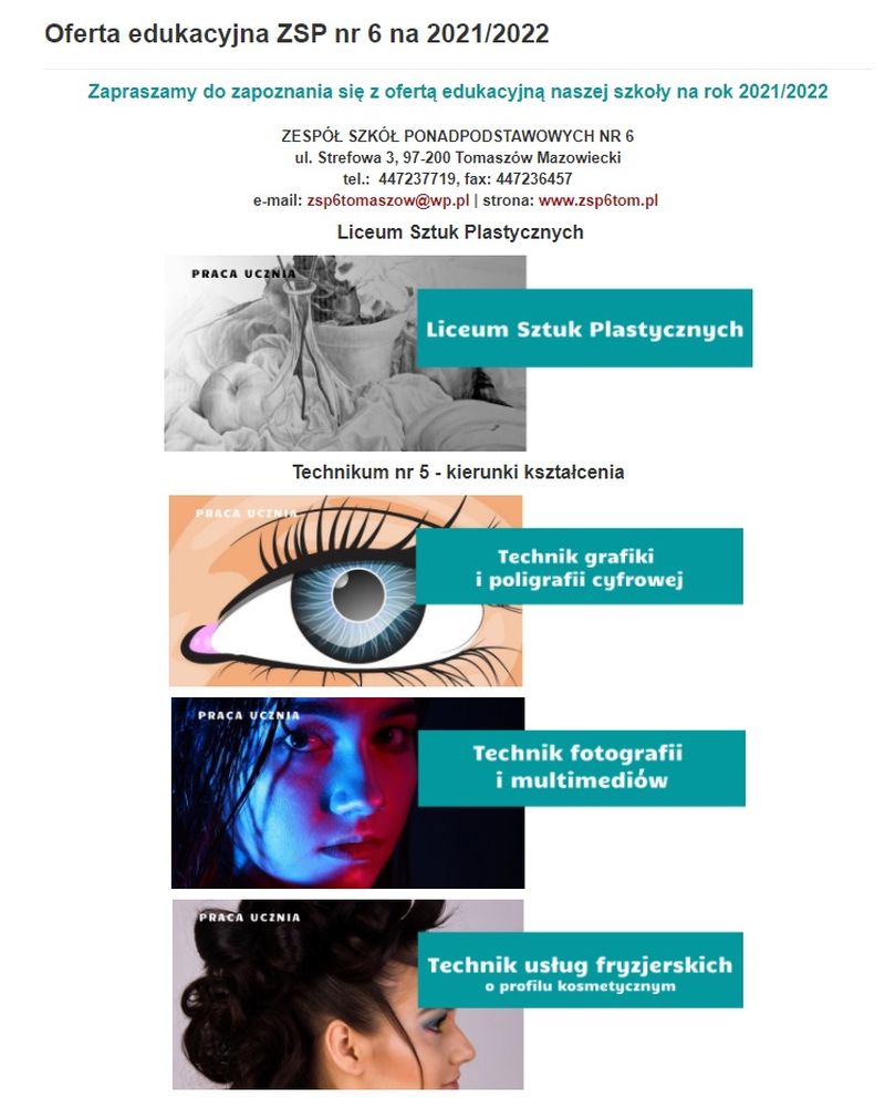Na zdjęciu: oferta edukacyjna ZSP nr 6 im. Stanisława Wyspiańskiego w Tomaszowie Mazowieckim na rok szkolny 2021/2022. 