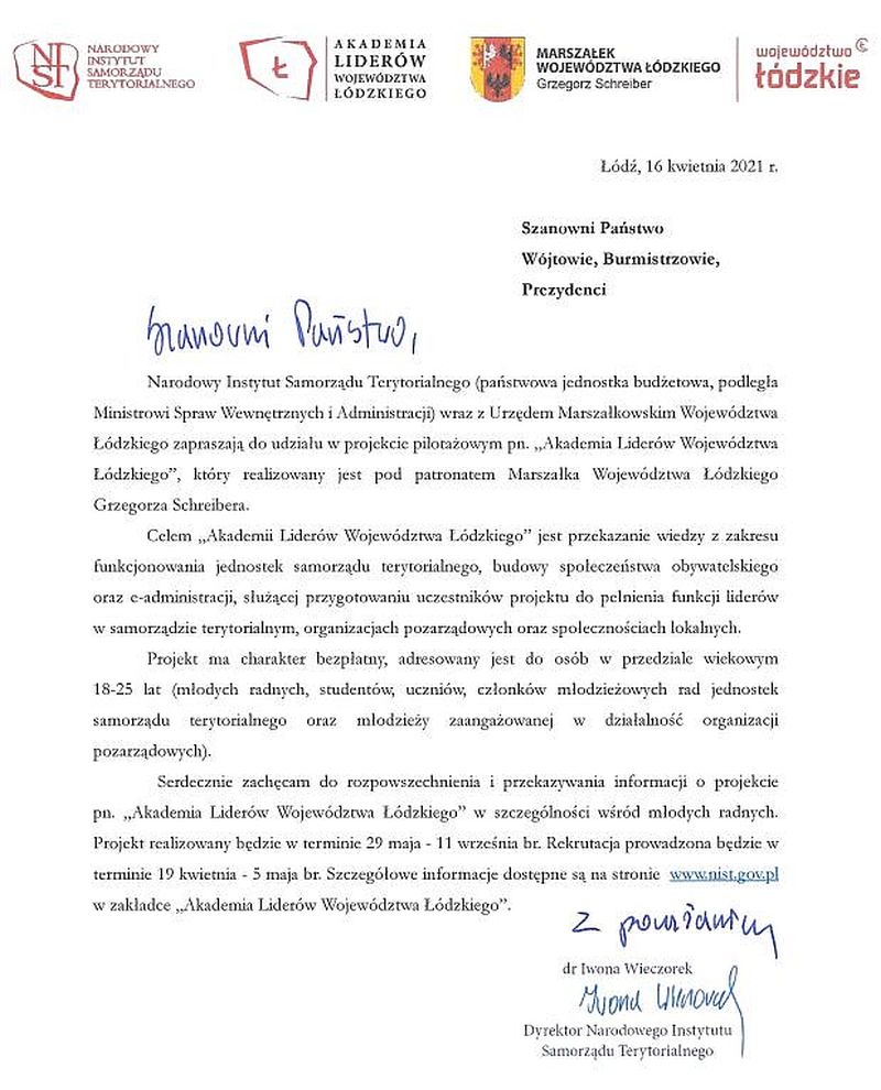 Na zdjęciu: pismo dyrektora Narodowego Instytutu Samorządu Terytorialnego