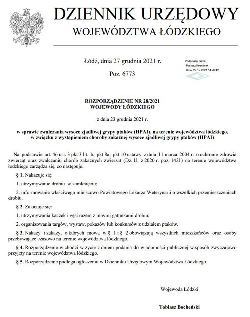 Na zdjęciu: Rozporządzenie Wojewody Łódzkiego w sprawie zwalczania wysoce zjadliwej grypy ptaków 