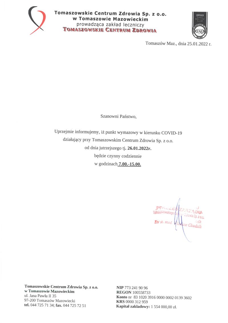 Na zdjęciu: pismo Tomaszowskiego Centrum Zdrowia, informujące, że punkt wymazowy w kierunku COVID-19 czynny będzie codziennie w godzinach 7.00-15.00