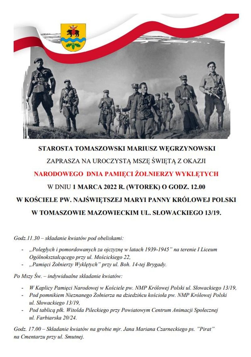 Na zdjęciu: plakat informujący o obchodach Narodowego Dnia Pamięci Żołnierzy Wyklętych, które odbędą się we wtorek, 1 marca 2022 roku