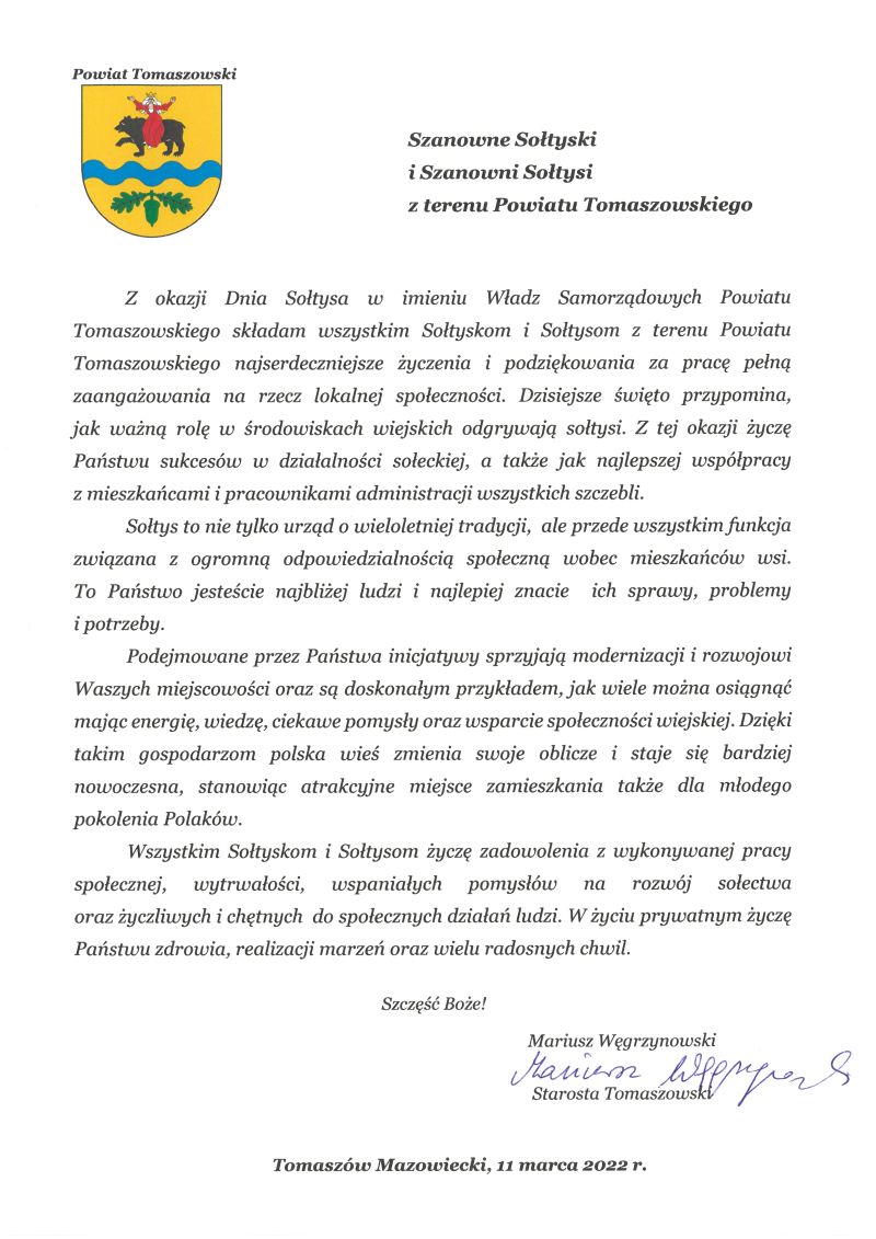 Na zdjęciu: pismo Mariusza Węgrzynowskiego – Starosty Powiatu Tomaszowskiego, z życzeniami dla sołtysek i sołtysów z powiatu tomaszowskiego, z okazji Dnia Sołtysa 2022