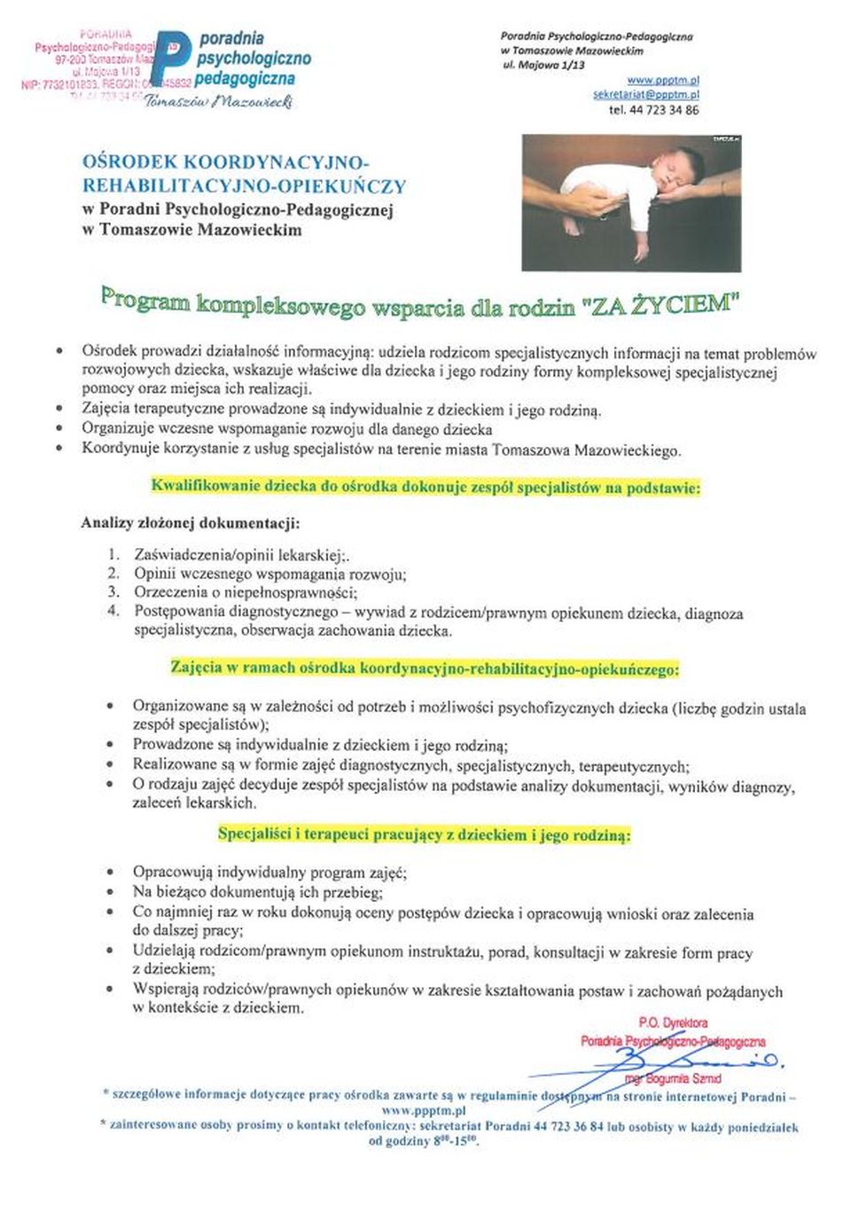 Na zdjęciu: ulotka Poradni Psychologiczno-Pedagogicznej w Tomaszowie Mazowieckim informująca o rekrutacji dzieci do programu kompleksowego wsparcia dla rodzin „Za życiem”