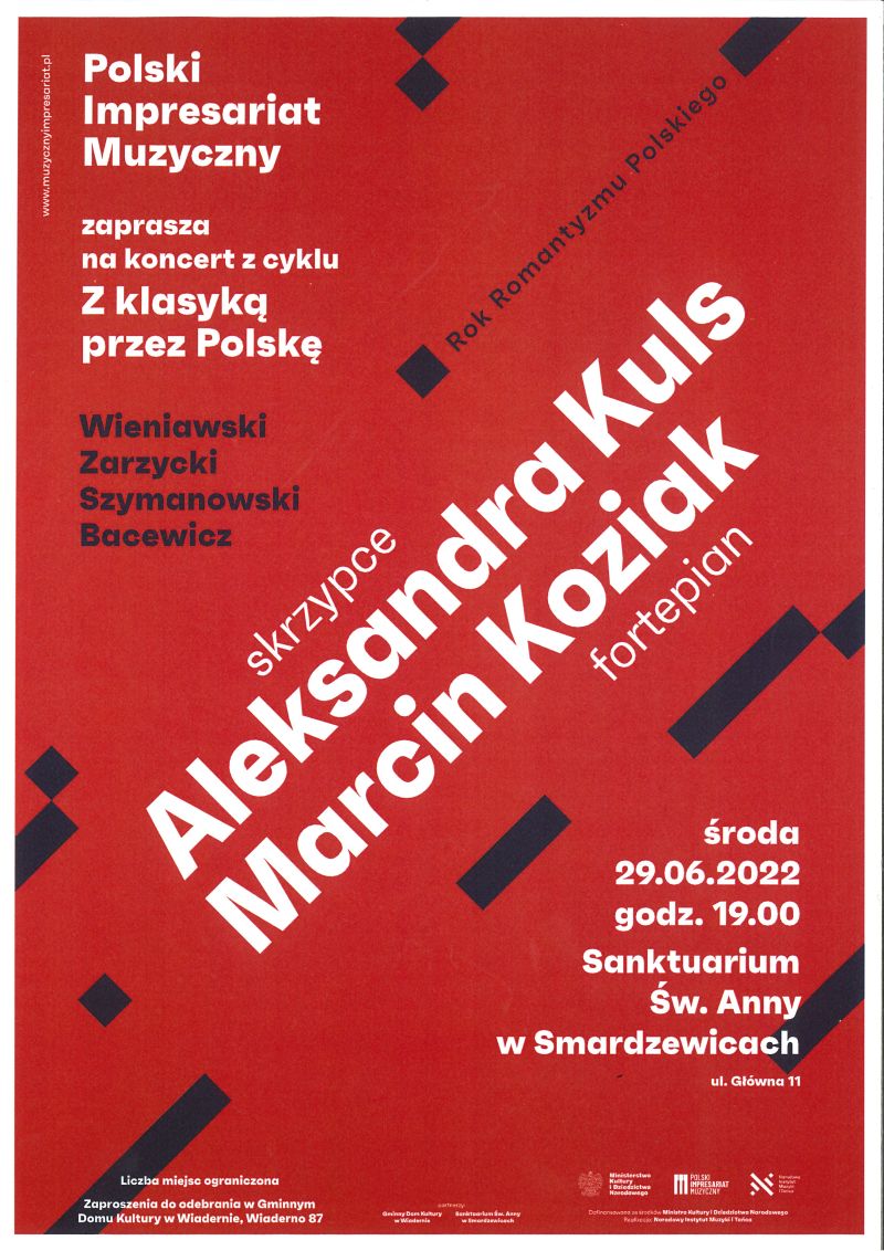 Na zdjęciu: plakat informujący o koncercie z cyklu „Z klasyką przez Polskę”, który odbędzie się w Sanktuarium św. Anny w Smardzewicach w środę, 29 czerwca 2022 roku, o godzinie 19.00