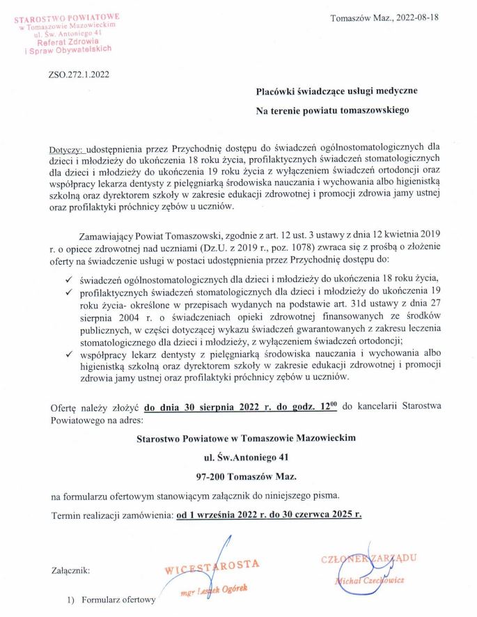 Placówki świadczące usługi medyczne mogą składać oferty na świadczenia ogólnostomatologiczne dla dzieci i młodzieży