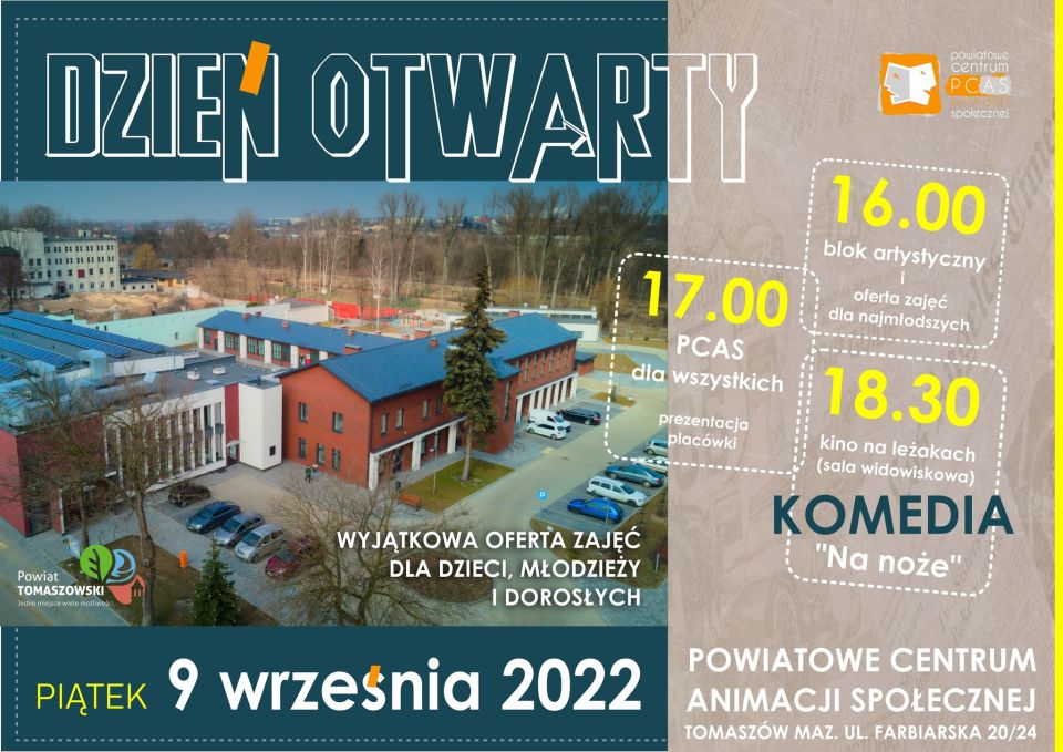 Na zdjęciu: plakat informujący o Dniu Otwartym w Powiatowym Centrum Animacji Społecznej, który odbędzie się w piątek, 9 września 2022 roku, w godzinach od 13.00 do 20.00