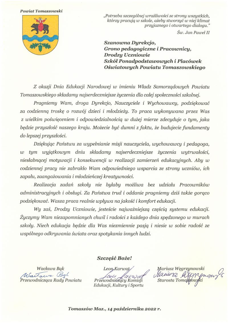 Życzenia dla społeczności szkolnej z okazji Dnia Edukacji Narodowej