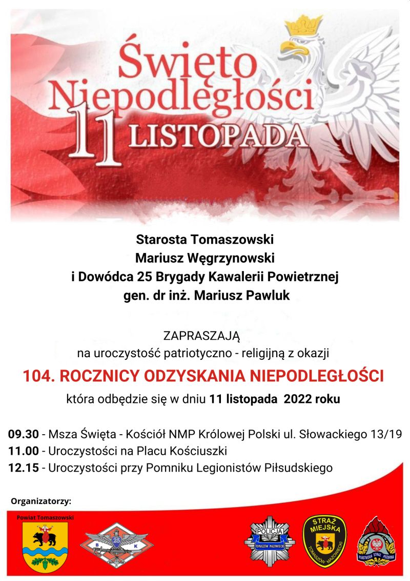 Na zdjęciu: plakat zapraszający na uroczystości z okazji Święta Niepodległości, które odbędą się 11 listopada 2022 roku