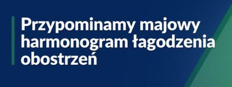 Na zdjęciu: napis przypominamy majowy harmonogram łagodzenia obostrzeń Na zdjęciu: napis przypominamy majowy harmonogram łagodzenia obostrzeń