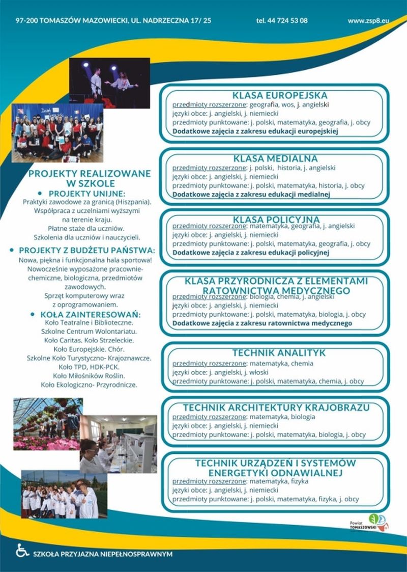 Na zdjęciu: oferta edukacyjna Zespołu Szkół Ponadpodstawowych nr 8  w Tomaszowie Mazowieckim na rok szkolny 2021/2022