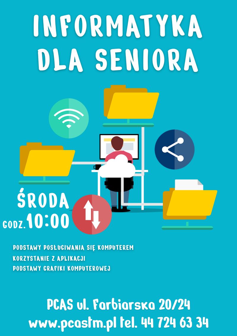 Na zdjęciu: plakat Powiatowego Centrum Animacji Społecznej w Tomaszowie Mazowieckim, zapraszający seniorów na zajęcia informatyczne