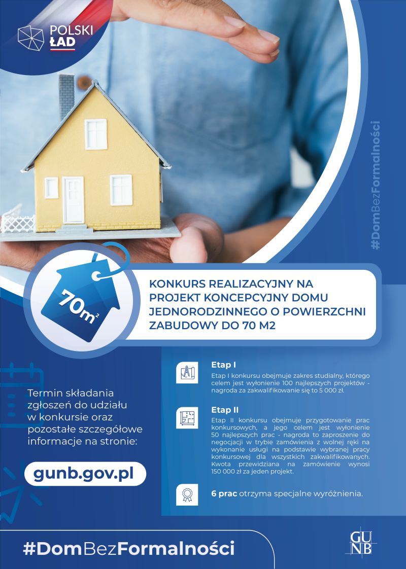 Na zdjęciu: plakat konkursu architektonicznego, zorganizowanego przez Główny Urząd Nadzoru Budowlanego na projekt domu do 70 m2