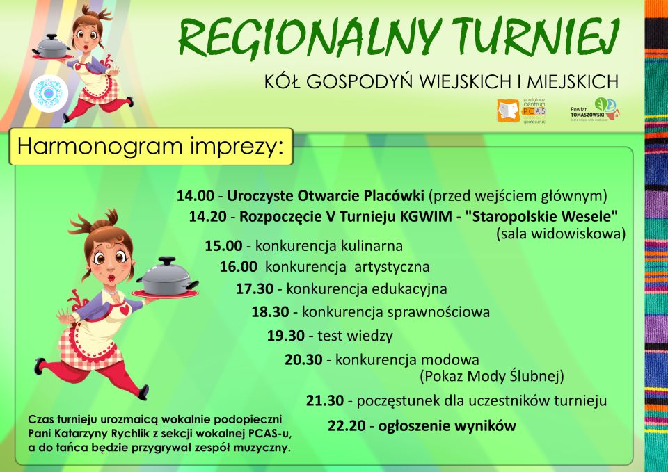 Na zdjęciu: harmonogram V Regionalnego Turnieju Kół Gospodyń Wiejskich i Miejskich, który odbędzie się w Powiatowym Centrum Animacji Społecznej w Tomaszowie Mazowieckim w niedzielę, 17 października 2021 roku