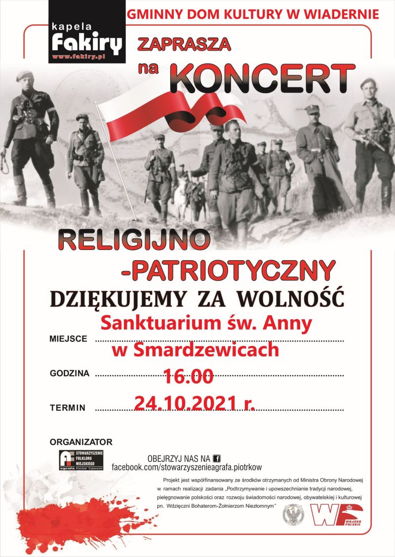 Na zdjęciu: plakat koncertu religijno-patriotycznego, który odbędzie się w niedzielę, 24 października 2021 roku, o godzinie 16.00, w Sanktuarium św. Anny w Smardzewicach