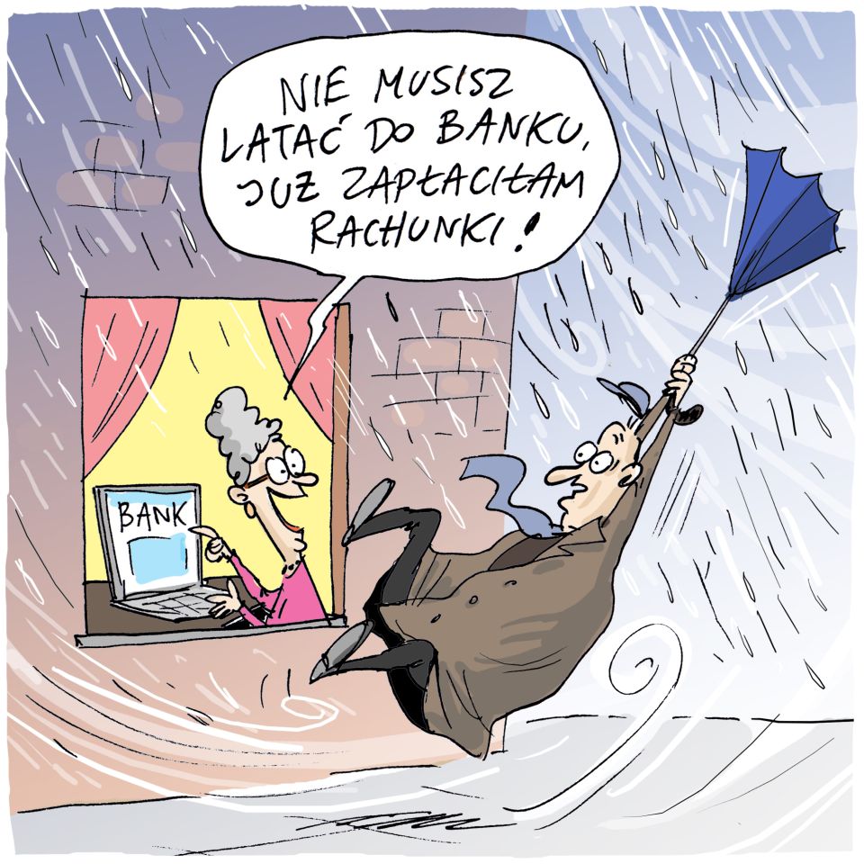 Na zdjęciu: komiksowa ulotka ZUS promująca konkurs Zakładu Ubezpieczeń Społecznych dla uczniów i studentów pt. „Jak zachęcić babcię lub dziadka do założenia konta w banku”