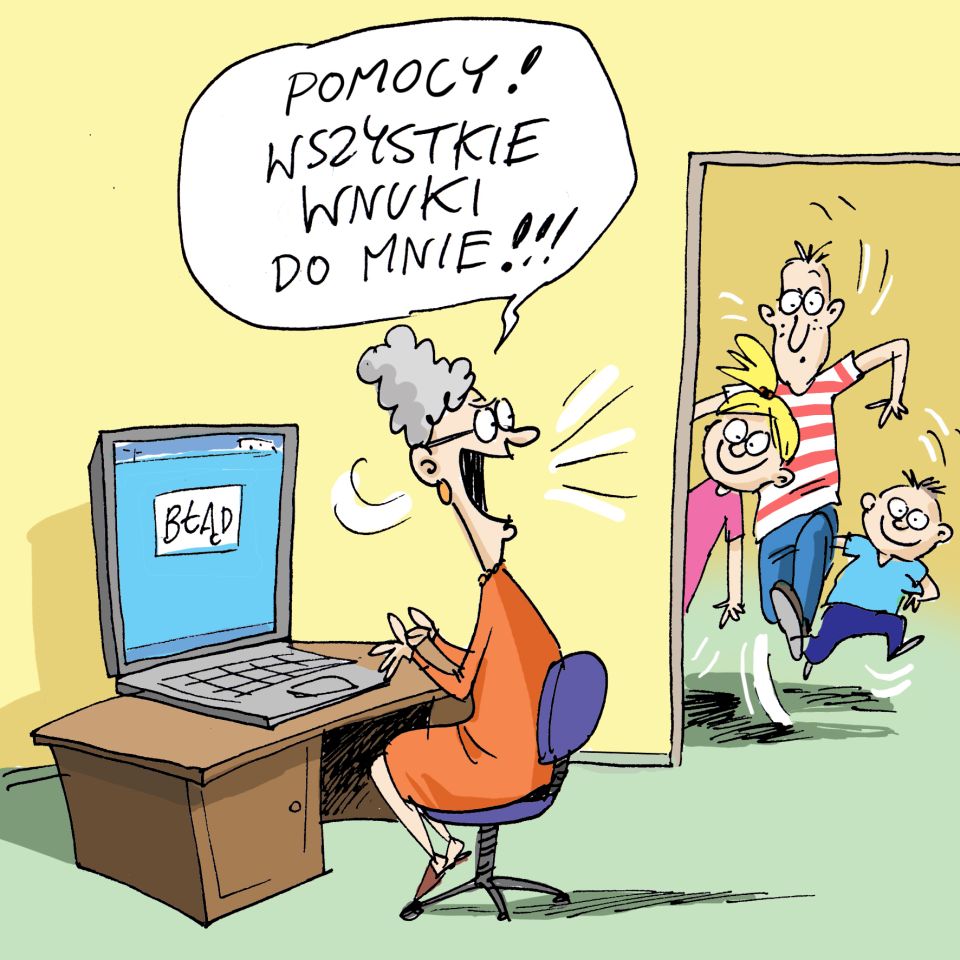 Na zdjęciu: komiksowa ulotka ZUS promująca konkurs Zakładu Ubezpieczeń Społecznych dla uczniów i studentów pt. „Jak zachęcić babcię lub dziadka do założenia konta w banku”