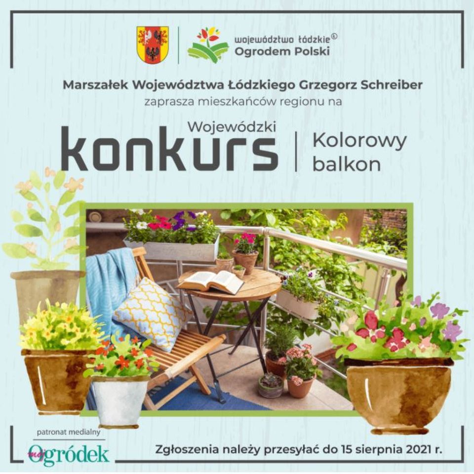 Na zdjęciu: plakat konkursu organizowanego przez Zarząd Województwa Łódzkiego w 2021 roku – „Kolorowy balkon” Na zdjęciu: plakat konkursu organizowanego przez Zarząd Województwa Łódzkiego w 2021 roku – „Kolorowy balkon”