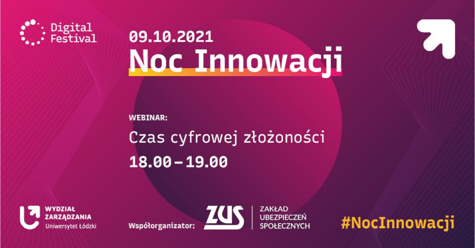 Na zdjęciu: plakat WEBINARU, którego tematem jest „Czas cyfrowej złożoności”. Wydarzenie odbędzie się w formule on-line w ramach „Nocy Innowacji” 9 października 2021 roku w godz. 18.00-19.00