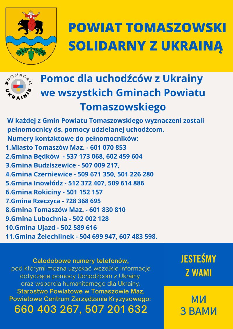 Na zdjęciu: informacja o numerach telefonów i miejscach zbiórki dla uchodźców z Ukrainy w gminach powiatu tomaszowskiego
