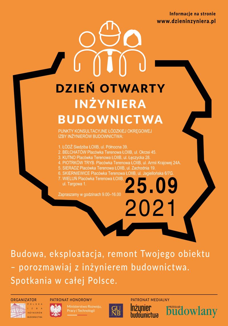 Na zdjęciu: plakat „Dnia Otwartego Inżyniera Budownictwa. BUDOWA, EKSPLOATACJA, REMONT TWOJEGO OBIEKTU", ogólnopolskiego wydarzenia Polskiej Izby Inżynierów Budownictwa, zaplanowane na 25 września 2021 roku, sobota.