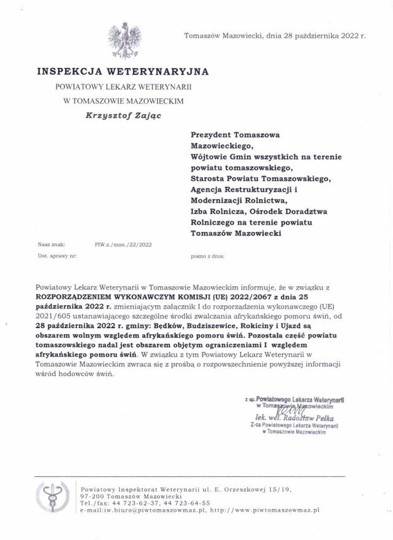 Informacja Powiatowego Lekarza Weterynarii w Tomaszowie Mazowieckim