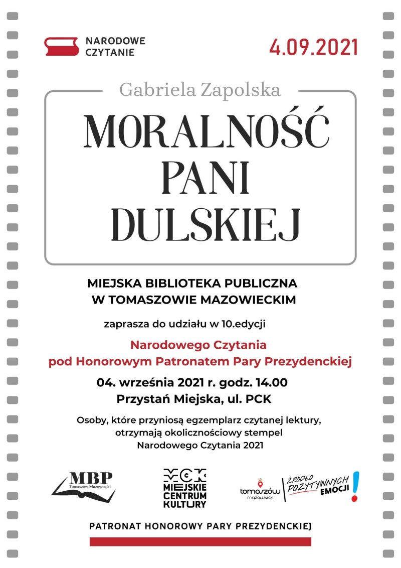 Na zdjęciu: plakat MBP zapraszający mieszkańców do udziału w akcji Narodowe Czytanie 2021. W  tegorocznej 10. jubileuszowej  edycji, zaprezentowana zostanie „Moralność pani Dulskiej” Gabrieli Zapolskiej.