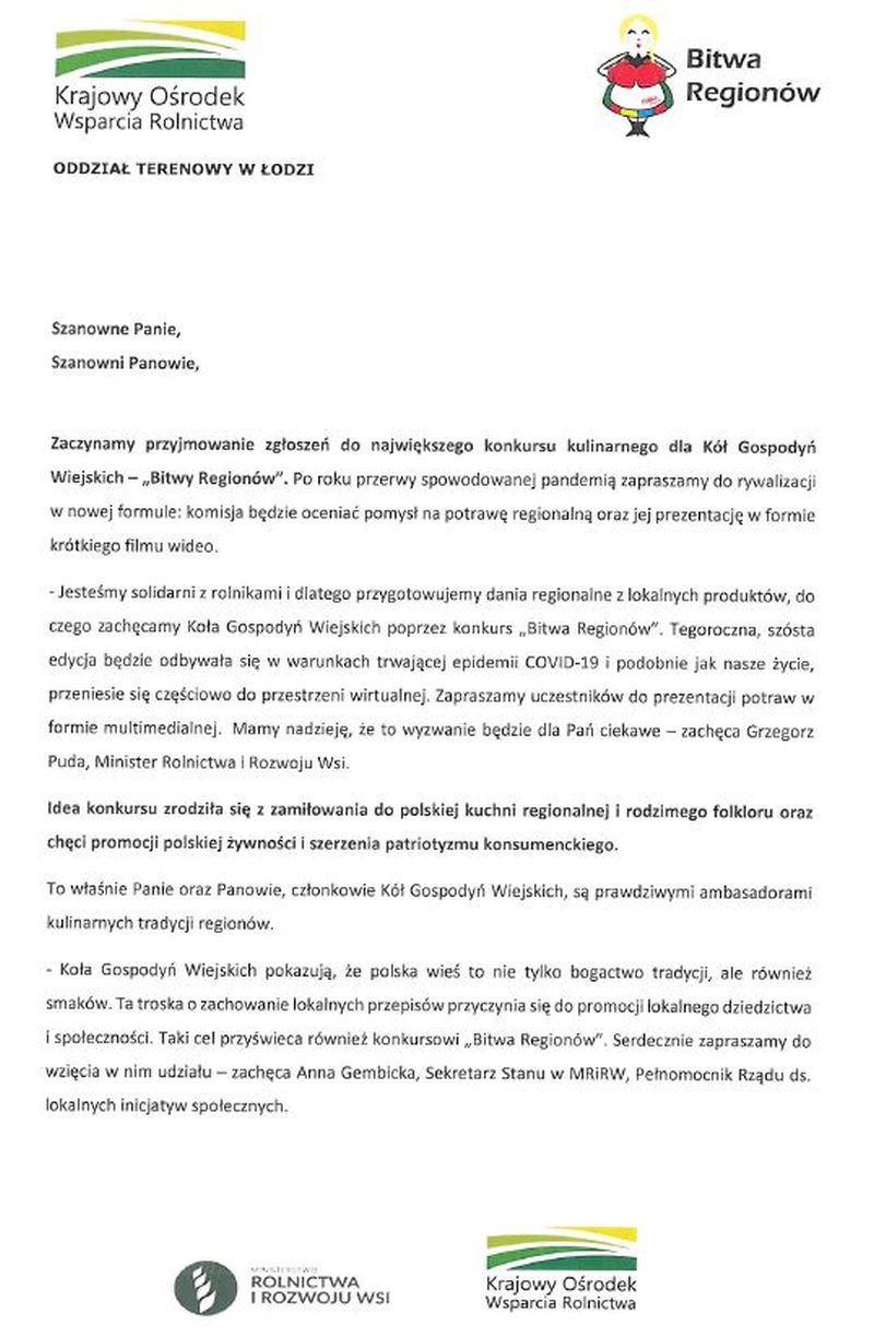 Na zdjęciu: zaproszenie do udziału w konkursie „Bitwa Regionów”, przeznaczonego dla Kół Gospodyń Wiejskich