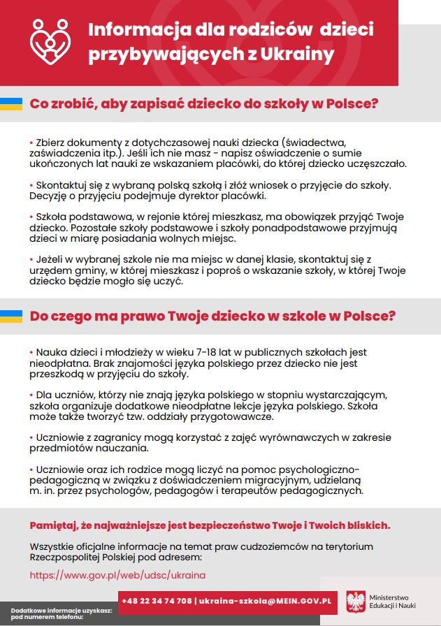 Na zdjęciu: ulotka w języku polskim informująca rodziców dzieci przybyłych z Ukrainy, jak zapisać dziecko do szkoły w  Polsce