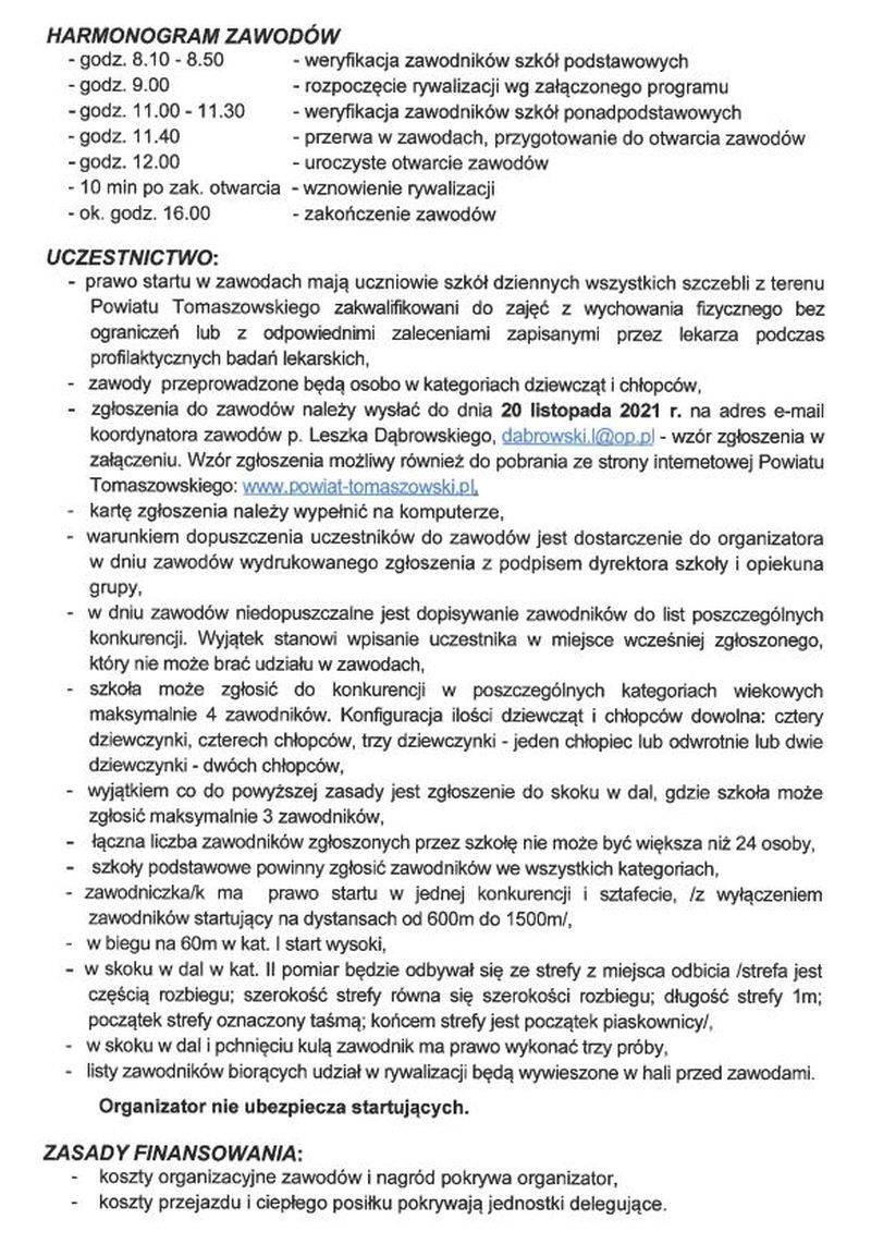 Na zdjęciu: regulamin II Olimpiady Powiatu Tomaszowskiego Dzieci i Młodzieży Szkolnej w Lekkiej Atletyce Spała 2021 – cz. 2