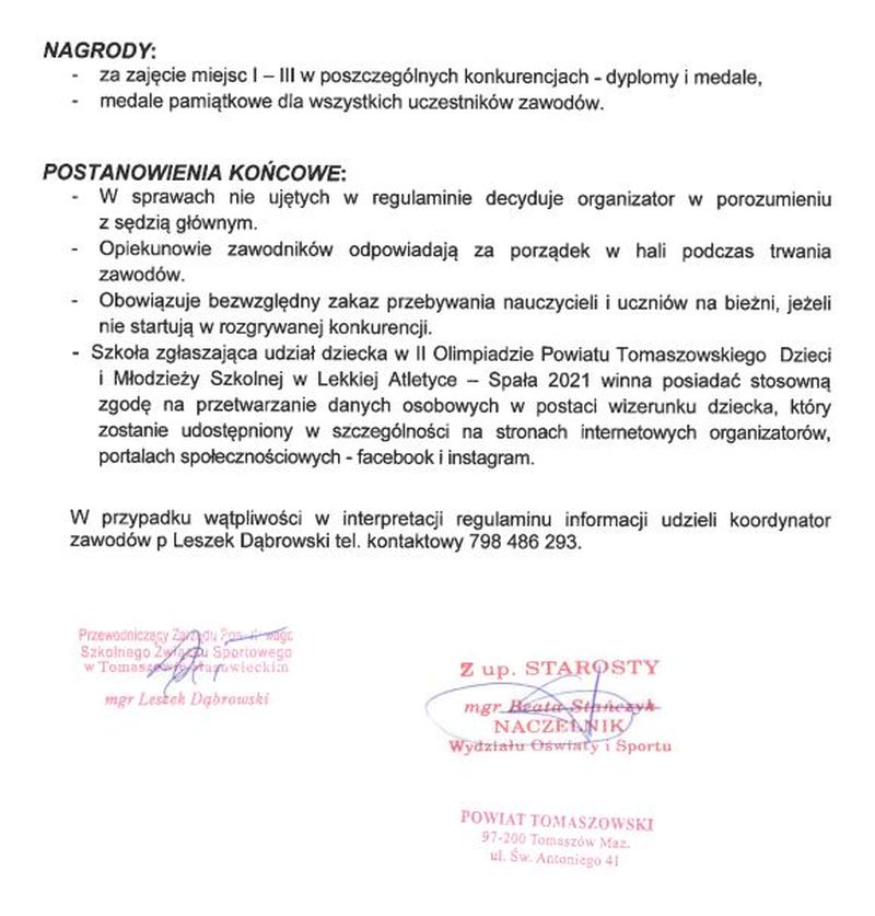 Na zdjęciu: regulamin II Olimpiady Powiatu Tomaszowskiego Dzieci i Młodzieży Szkolnej w Lekkiej Atletyce Spała 2021 – cz. 3