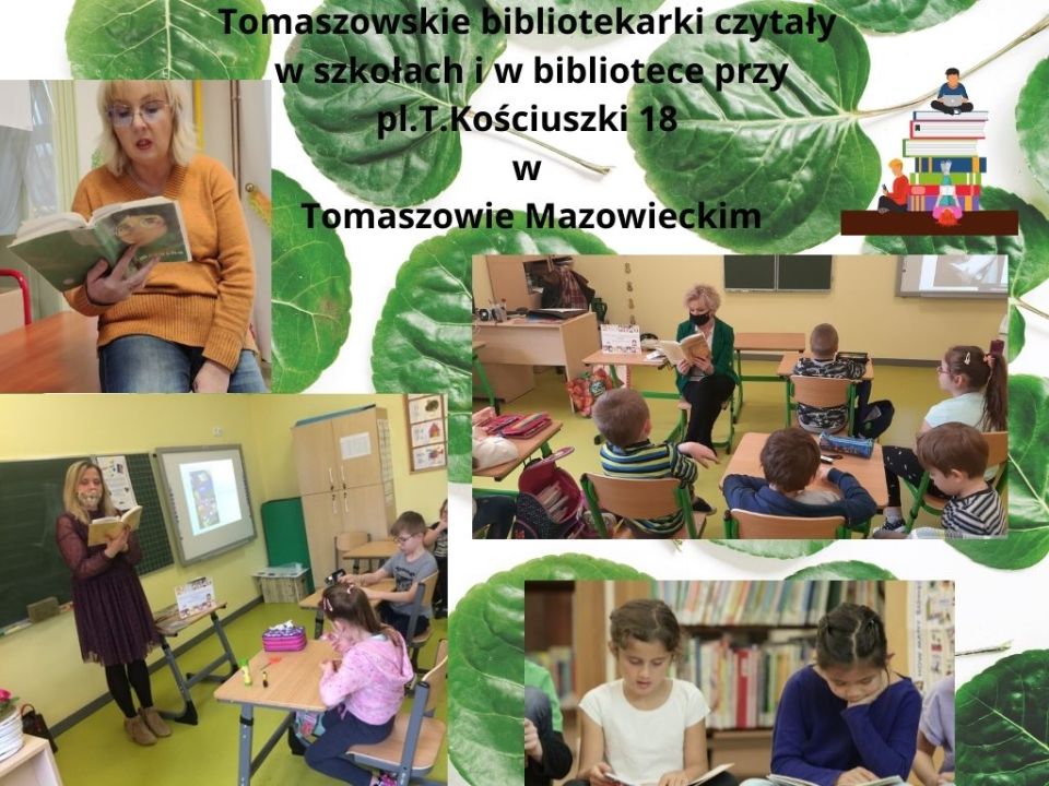 Zdjęcie przestawiające bibliotekarki z MBP, które czytają uczniom z Archidiecezjalnej Katolickiej Szkoły Podstawowej w Tomaszowie Mazowieckim „Jeżycjadę” Małgorzaty Musierowicz.