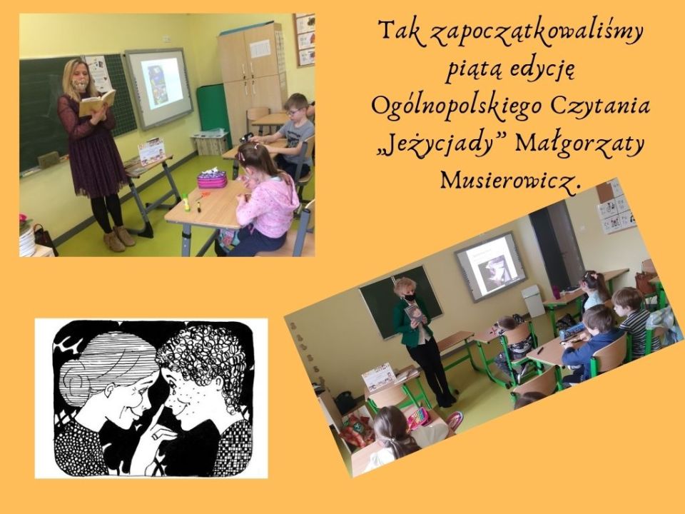 Zdjęcie przestawiające bibliotekarki z MBP, które czytają uczniom z Archidiecezjalnej Katolickiej Szkoły Podstawowej w Tomaszowie Mazowieckim „Jeżycjadę” Małgorzaty Musierowicz.