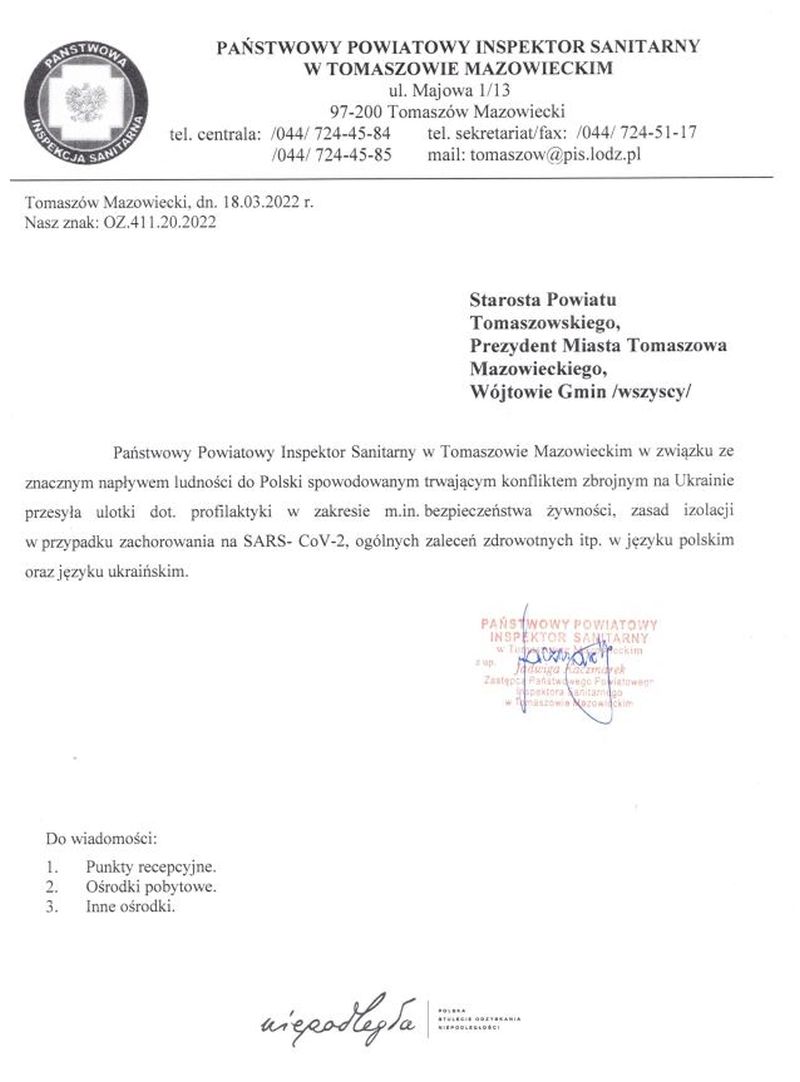 Na zdjęciu: pismo Powiatowego Inspektora Sanitarnego w Tomaszowie Mazowieckim do Starosty Tomaszowskiego Na zdjęciu: pismo Powiatowego Inspektora Sanitarnego w Tomaszowie Mazowieckim do Starosty Tomaszowskiego