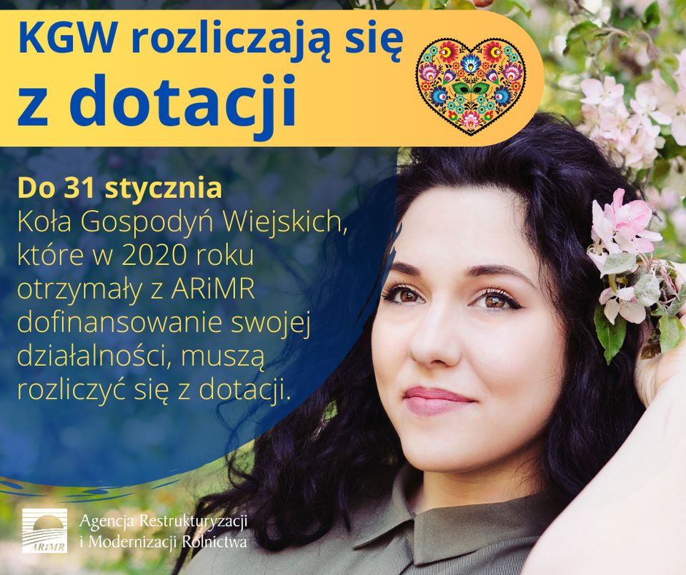 Na zdjęciu: plakat przypominający o upływającym terminie na rozliczenie się z dotacji Kół Gospodyń Wiejskich, które w 2020 roku otrzymały z ARiMR dofinansowanie na swoją działalność Ostatnie dni na złożenie sprawozdań przez KGW