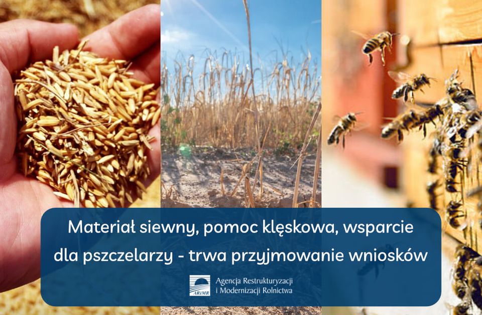 Na zdjęciu: plakat Agencji Restrukturyzacji i Modernizacji Rolnictwa, dotyczący przyjmowanie wniosków na dofinansowanie - Materiał siewny, pomoc klęskowa, wsparcie dla pszczelarzy Na zdjęciu: plakat Agencji Restrukturyzacji i Modernizacji Rolnictwa, dotyczący przyjmowanie wniosków na dofinansowanie - Materiał siewny, pomoc klęskowa, wsparcie dla pszczelarzy