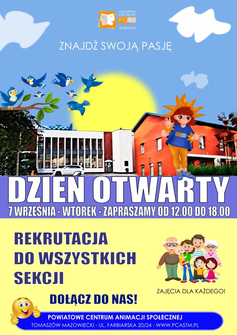 Na zdjęciu: plakat zapraszający na Dzień Otwarty w PCAS-ie, który odbędzie się 7 września 2021 roku w godzinach 12.00 – 18.00