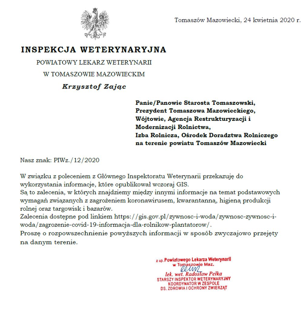 Zagrożenie COVID 19 – informacje dla rolników i plantatorów