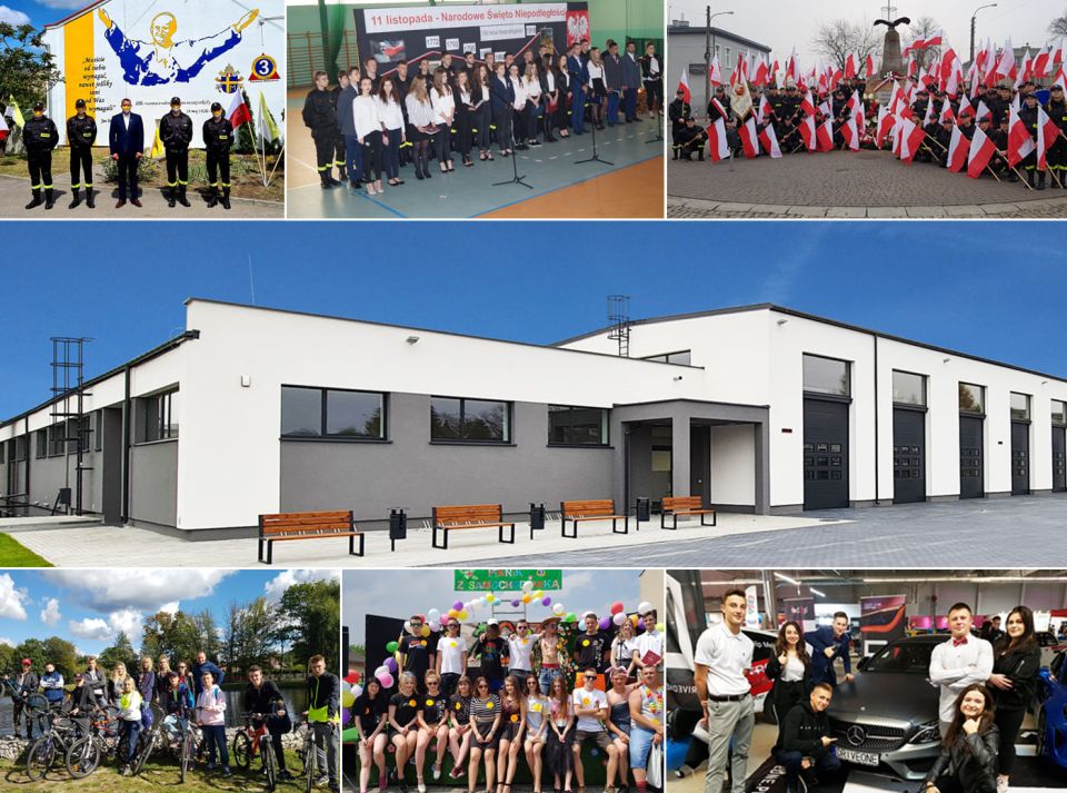 Na zdjęciu: fotografia podzielona na trzy części poziomo. Na górze i na dole po trzy zdjęcia przedstawiające uczniów ZSP 3, a w środkowej części budynek Centrum Kształcenia Zawodowego przy Zespole Szkół Ponadpodstawowych nr 3 im. Jana Pawła II w Tomaszowie Mazowieckim