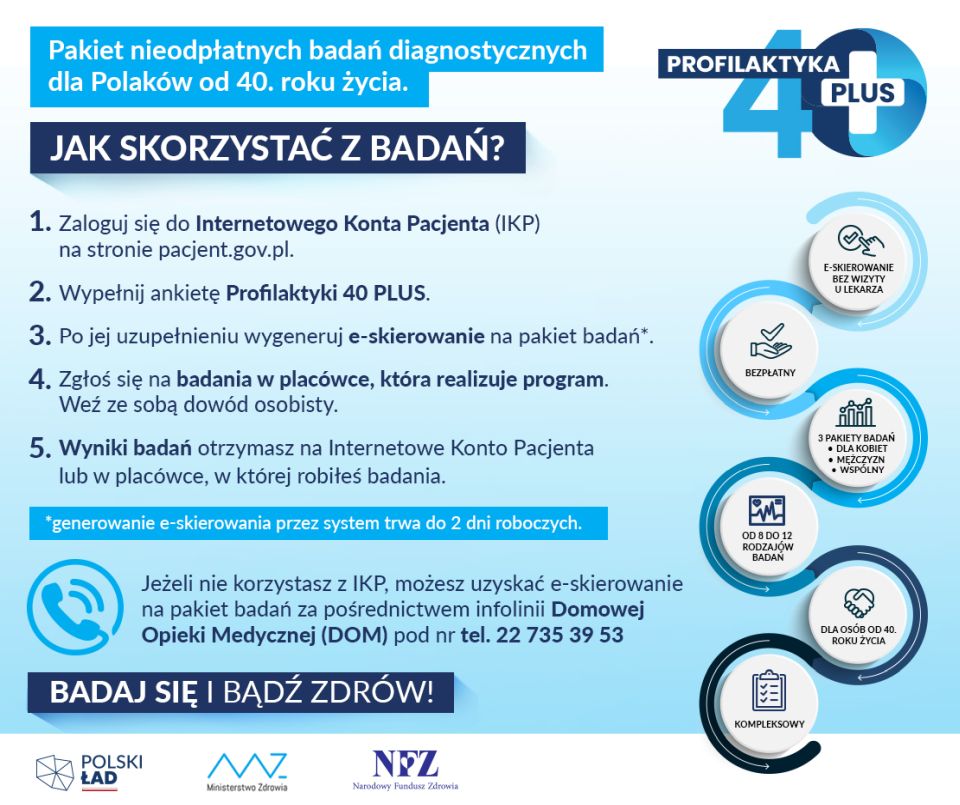 Na zdjęciu: baner pakietu badań diagnostycznych w ramach programu pilotażowego Profilaktyka 40 PLUS