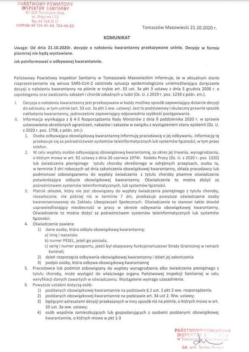 Sanepid informuje: Decyzje o nałożeniu kwarantanny przekazywane ustnie. Decyzje w formie pisemnej nie będą wystawiane