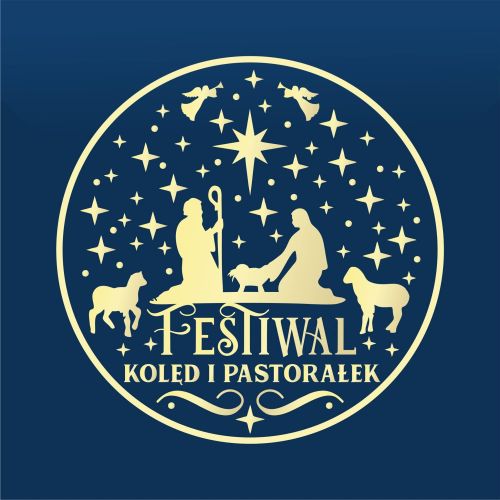 Na zdjęciu: logo X Tomaszowskiego Festiwalu Kolęd i Pastorałek – w kwadracie na granatowym tle w złote gwiazdki, żłoty napis „Festiwal Kolęd i Pastorałek”, nad napisem złote postaci i zwierzęta w stajence, na górze dwa anioły z trąbkami II LO zaprasza do udziału w X Tomaszowskim Festiwalu Kolęd i Pastorałek – on-line