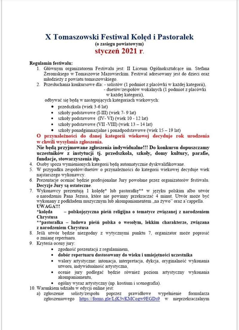 Na zdjęciu: Regulamin X Tomaszowskiego Festiwalu Kolęd i Pastorałek - strona 1 II LO zaprasza do udziału w X Tomaszowskim Festiwalu Kolęd i Pastorałek – on-line