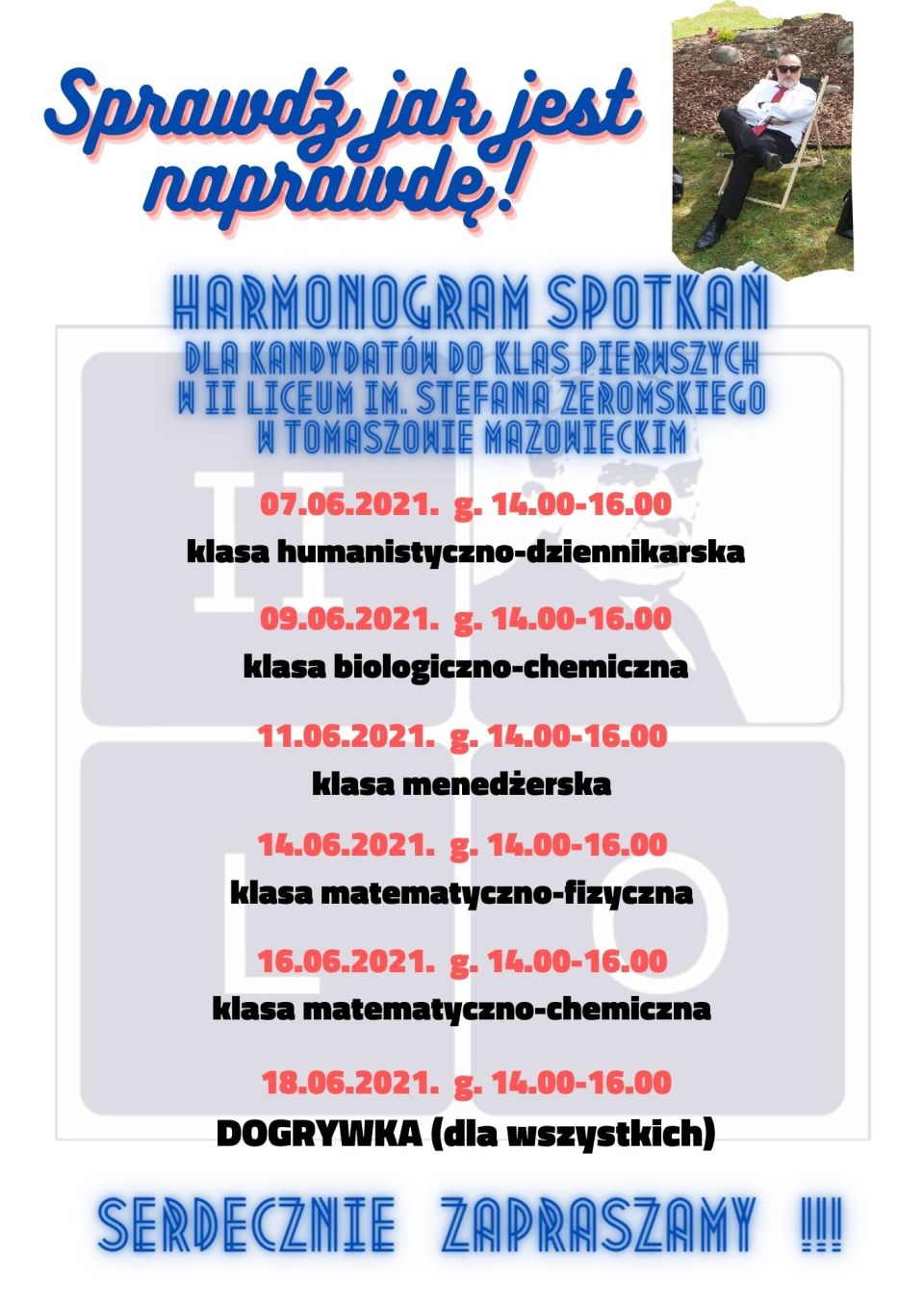 Na zdjęciu: harmonogram spotkań kandydatów na do klas pierwszych w II LO im. Stefana Żeromskiego w Tomaszowie Mazowieckim na rok szkolny 2021/2022