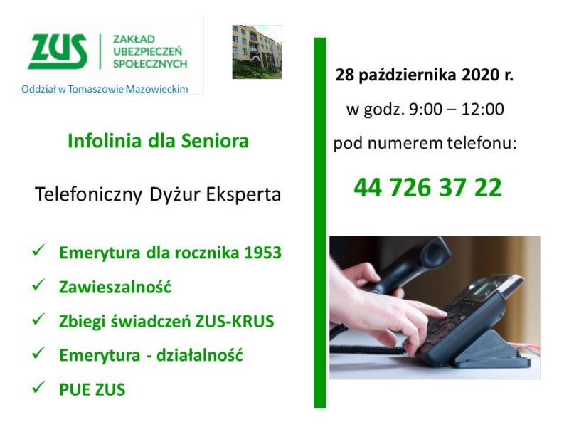 Tomaszowski Oddział ZUS uruchamia infolinię dla seniora